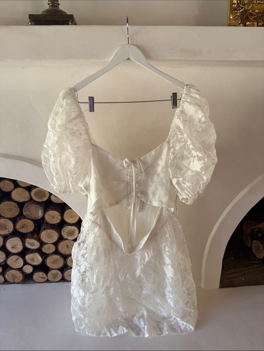 Top Shop White Puff-Sleeve Floral Texture Women’s Formal Dress